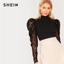 SHEIN черный элегантный топ со стоячим воротником и контрастной сеткой с пайетками Женская Осенняя Гламурная Футболка с рукавами