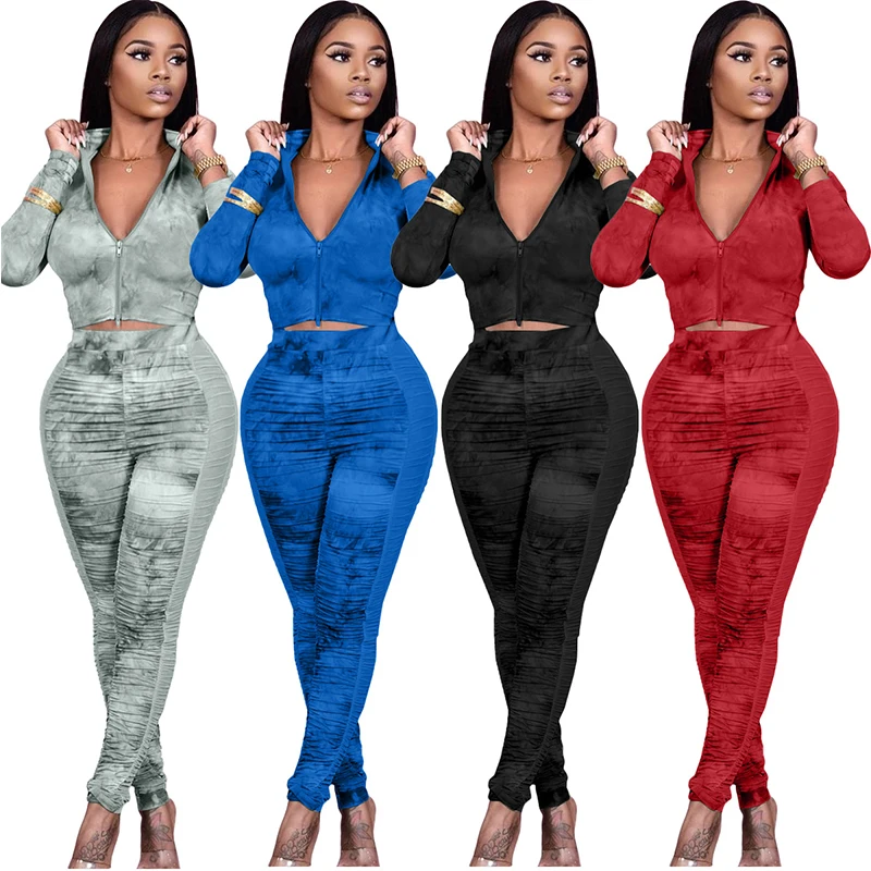 

Women Tie Dye Mesh Patchwork Two 2 Piece Set Autumn Long Sleeve Fitness Outfits Track Jacket + Stacked Pants Set Street Tracksu