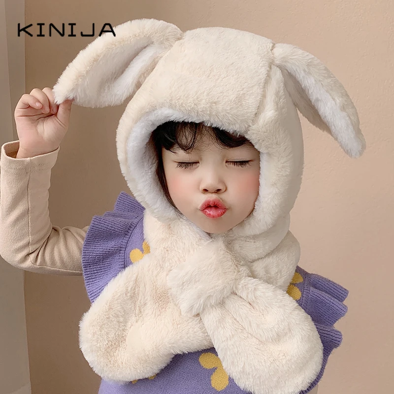 Plush Rabbit ears Winter Hat For Child Girl Boy Adjustable Scarf
