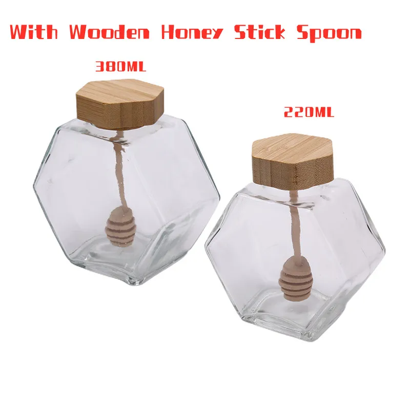 Glass Honey Jar For 220ML/380ML Mini Small Honey Bottle Container Pot With Wooden Honey Stick Spoon