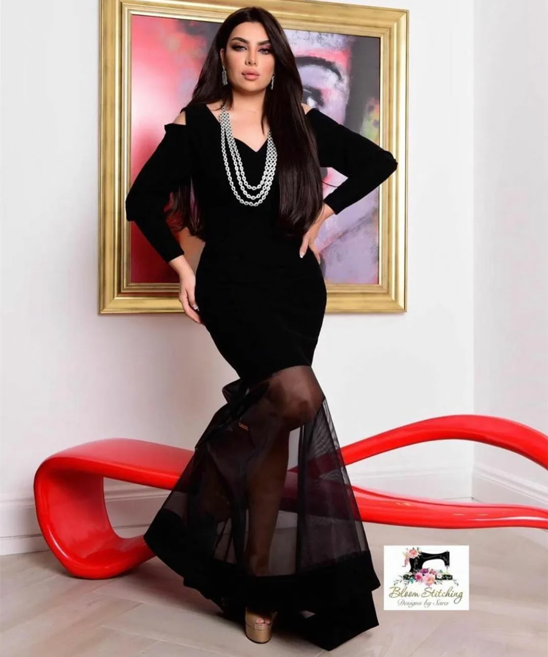 

Vintage Long Black Stretchy Evening Dresses with Sleeve Mermaid Pleated فستان المساء Zipper Back Flowy Robe de soirée for Women