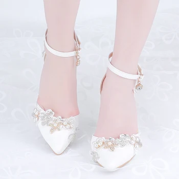

2019 White Crystal Women Sandals Pointed Beads Fine Heel Bride Shoes Buckle Princess Wedding Shoes High Heels Pumps Big 41 42