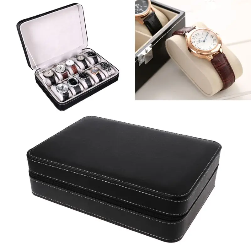 10 Slots Watch Zipper Travel Box Leather Display Case Organizer Jewelry Storage