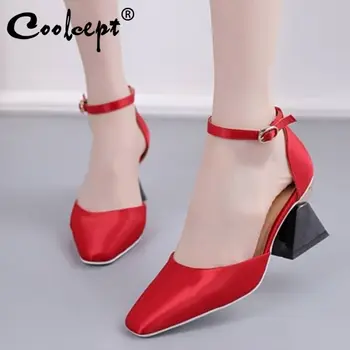 

Coolcept Red High Heels Shoes Women Thick Heel Sandals Square Toe Shoes Shallow Party Wedding Shoes Female Footwear Size 34-48