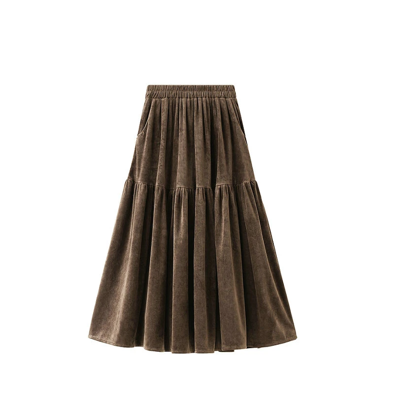 

Fall/Winter Corduroy Skirt Women's Solid Color High Waist Elastic Waist Fashion Casual Mid-length Long Skirt Lisil Velvet A-line