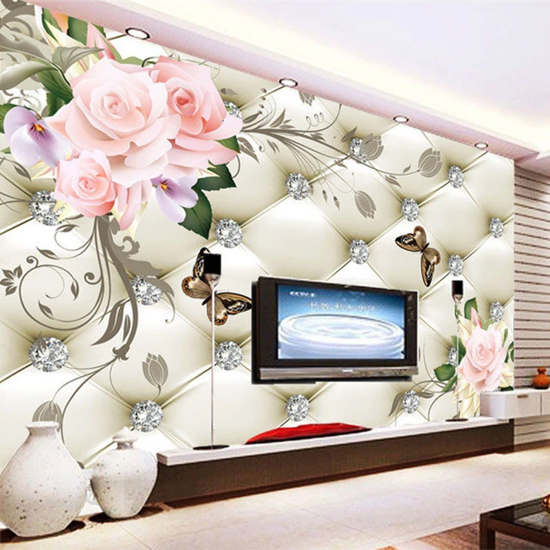 Custom 3D Mural Wallpaper European Style Rose Flower Pattern Diamonds Wall Painting Living Room TV Background Leather | Обустройство
