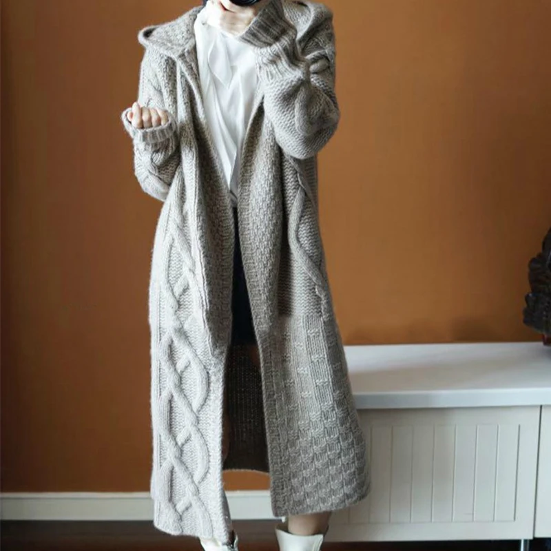 Long-sleeved Loose Cardigan Fashion Sweater Coat Long Casual Elegant Hooded Cardigan Sweater Autumn Winter Thick Women's Sweater