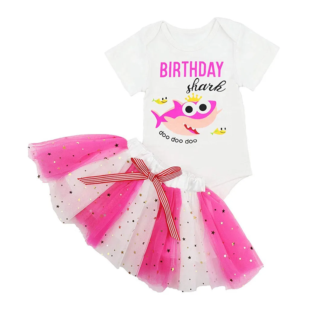 

Baby Girls 1st Birthday Clothes Set Cartoon Infant First Birthday Outfits Romper Top Tutu Skirt Sets Headband Baby Shark Clothes