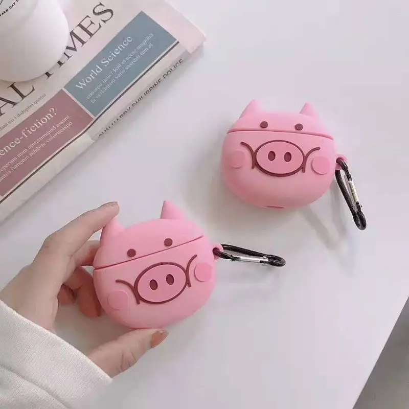 Pink Pig Pattern Protective Case Silicone Cover with Carabiner for Airpods 1/2 for smart watch
