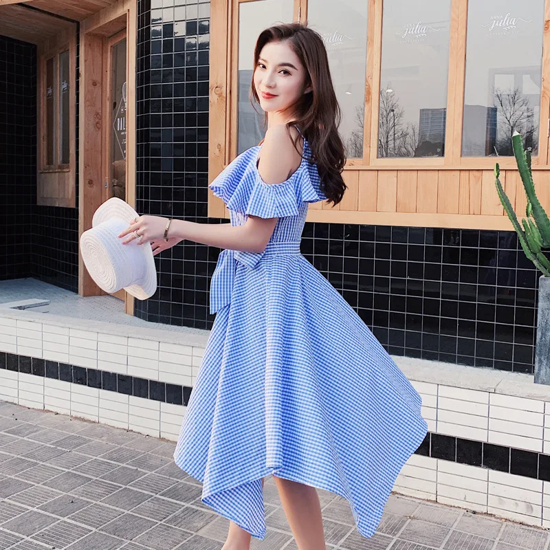 

2019 Korean-style Summer WOMEN'S Dress New Style Camisole off-Shoulder Flounced Sleeves Irregular Big Hemline Dress a Grant from