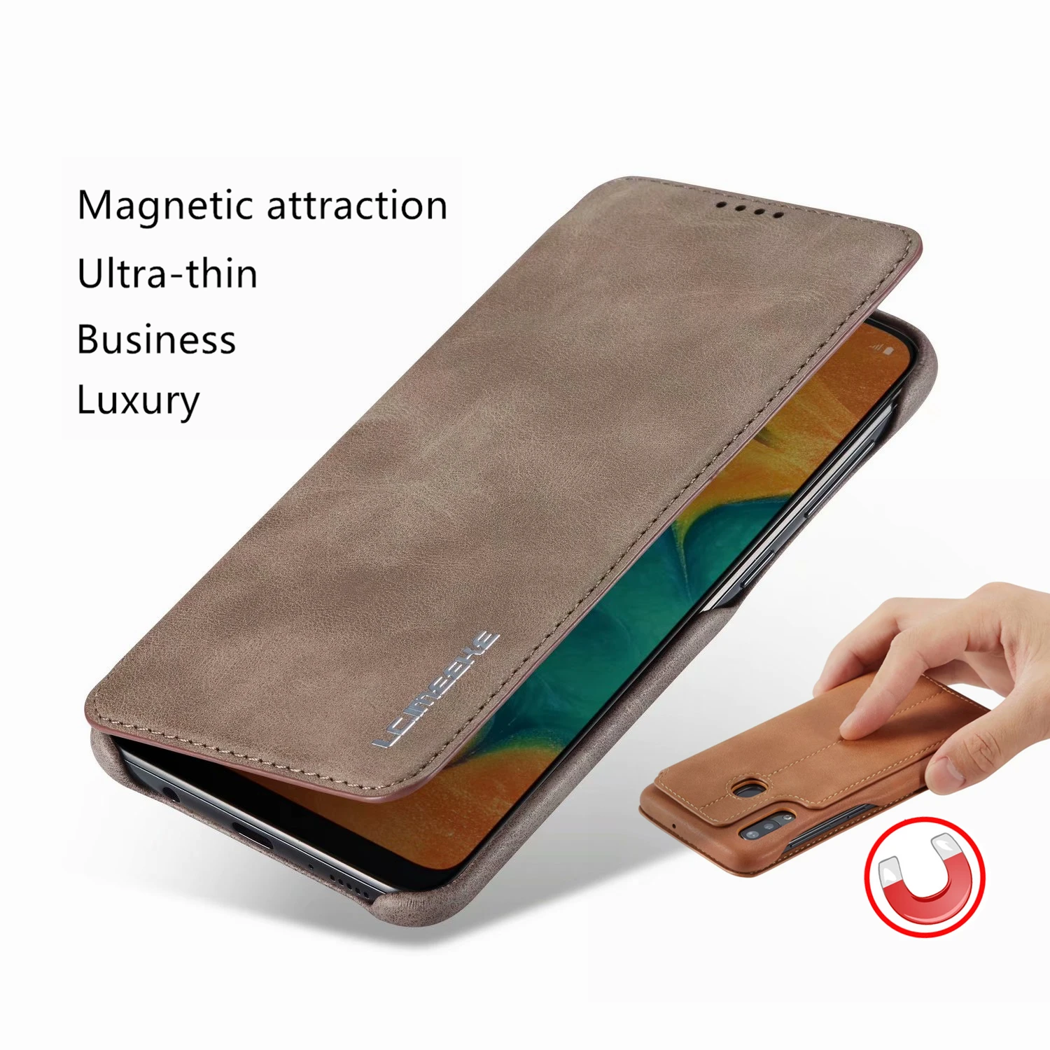 Funda magnética de lujo para teléfono móvil Samsung, carcasa de cuero de estilo retro de negocios para Galaxy A20, A20e, A30, A30s, A40, A50, A50s, A70