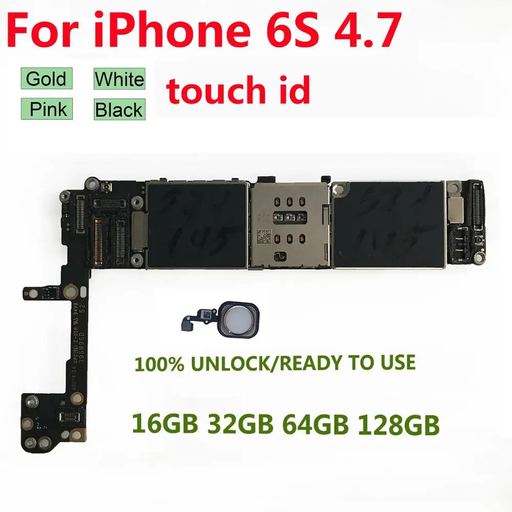 Buen trato Placa base con ID táctil para iPhone 6s, 32GB, 128gb, 64GB, desbloqueo iCloud, placa lógica glLXY9agL