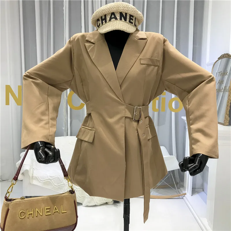 Женский однотонный Блейзер ALPHALMODA куртка с поясом и на талии повседневный блейзер