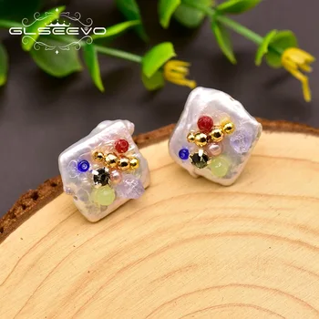 

GLSEEVO Original Design White Fresh Water Pearl Geometric Colorful Stones Stud Earring For Women Wedding Fine Jewellery GE0817
