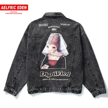 

Aelfric Eden Cartoon Letter Print Men Denim Jackets 2020 Autumn Harajuku Hip Hop Vintage Long Sleeve Loose Streetwear Coats Blue