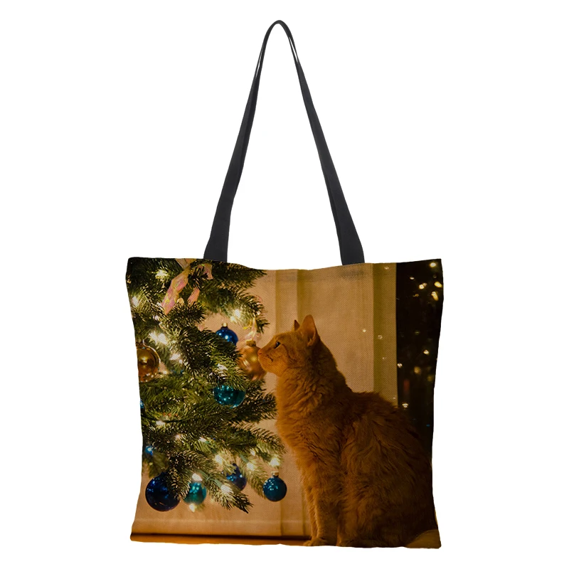 CROWDALE Double-sided Merry Christmas gift bages Linen Shopping bags for Christmas Handbag Women Shoulder Cloth Pouch 43cm*43cm