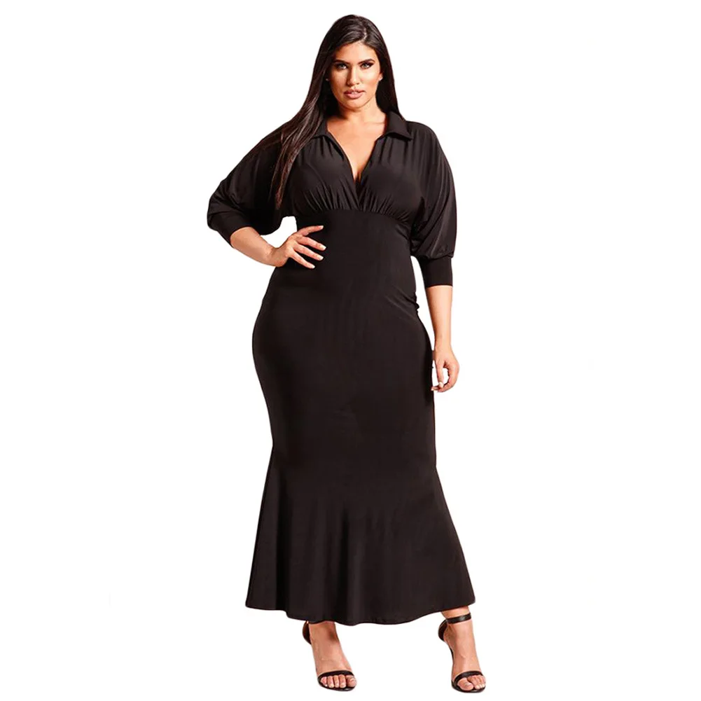 

Shi ying Europe And America Maxi Mini Formal Dress Deep V-neck Long Sleeve High-waisted Plus-sized Mid-length Dress 61866