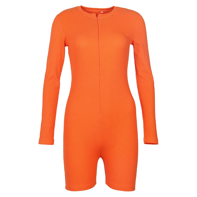 Autumn Neon Women Playsuits Casual Street Rompers V-Neck Zipper Skinny Black Winter Outfits Double Side Wear Jumpsuit GV108 - Цвет: Orange