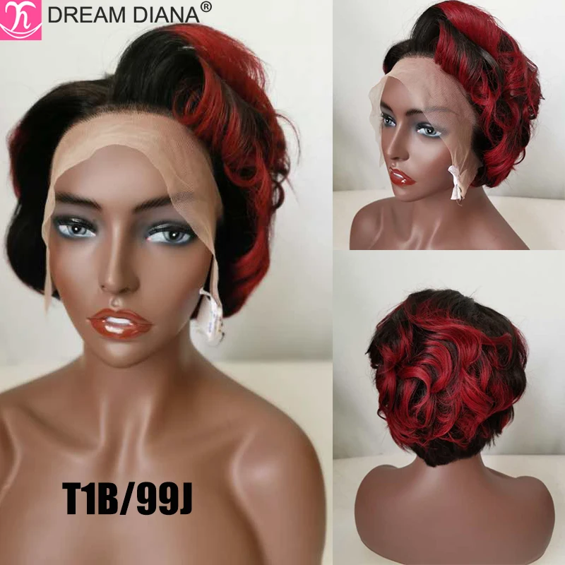 DreamDianan 100% Human Hair Wigs 8" Short Pixie Cut Curly Hair Lace Front Wig Ombre 13X4 Lace Frontal Human Water Wavy Wigs