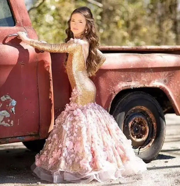 Blingbling Gold Mermaid Sequined Girls Pageant Dresses Long
