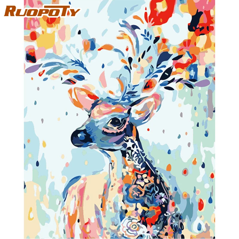 RUOPOTY Frame DIY Painting By Numbers Deer Animals Canvas