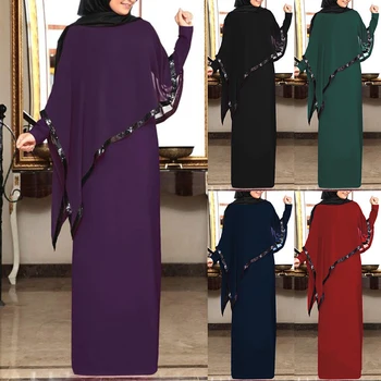 

Siskakia Asymmetry Cloak Shawl Trim Chiffon Long dress Muslim Turkey Arab Women's Plus Size Dress Solid Loose Straight robe 5XL