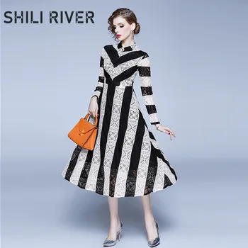 

New spring autumn lace midi dress for women slim a line long sleeve elegant stripe pleated swing button dress retro blue white