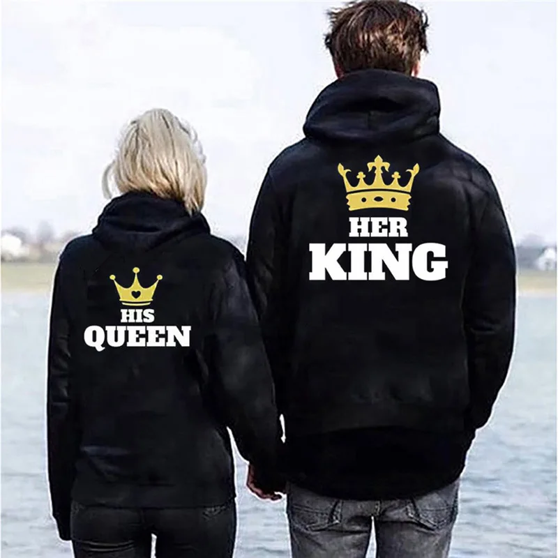 2019 женские и мужские толстовки с принтом Her King His queen капюшоном для влюбленных пар