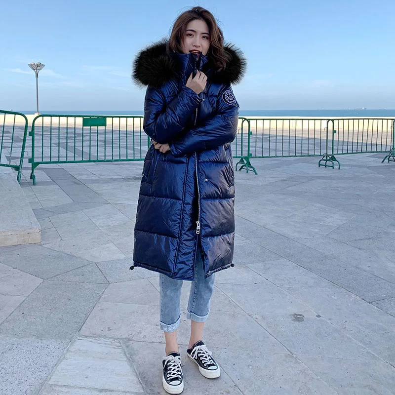 High Quality New Winter Jacket Women Warm Thicken Hooded With Fur Long Coat Shining Fabric Stylish Female Parka - Цвет: Синий