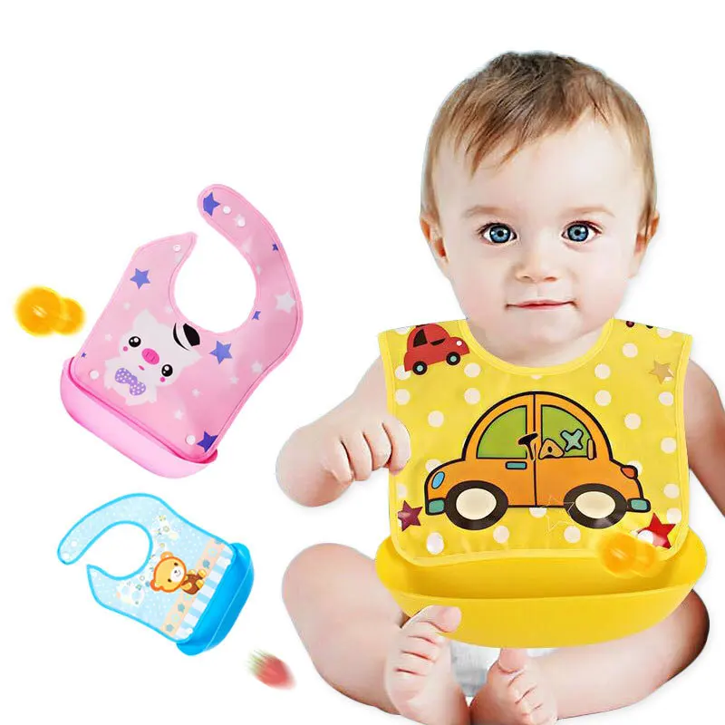 Cute Baby Bibs Waterproof Silicone Bib Infant Toddler Feeding Saliva Towel Cartoon Adjustable Children Apron With Pocket let s make ​bib with pocket baby stuff children accessories feeding drawing apron waterproof adjustable cute print bibs