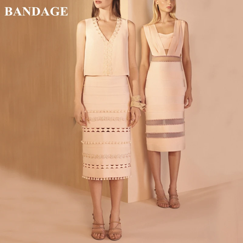 BANDAGE New Chic Autumn Office Lady Pencil Skirt Elegant High Waist Tassel Fringe Bodycon Hollow Out Party Skirt Knee Length