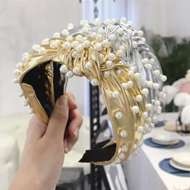 Punk Style PU Leather Hairband Pearls for Women Accessories Solid Leather Pearls Headband Wide Adults Headwear Knot Hairband