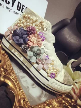 

Fantasy Seven Color Flowers Pearl Rhinestone Women's Shoes Lace-up Platform High-Top Shoes Canvas Shoes