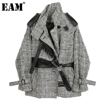 

[EAM] Loose Fit Plaid Pu Leather Big Size Woolen Coat Parkas New Long Sleeve Women Fashion Tide Autumn Winter 2020 1DD0128