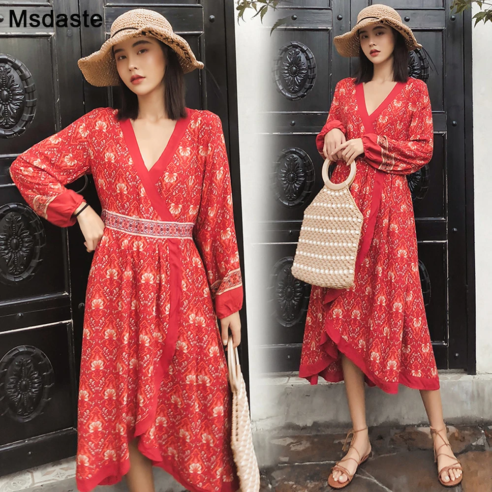 

Long Sleeve 2020 Spring Women Dress Beach Style Female Dresses Holiday Wear New Fashion Red Color Cotton Bohemia Ladies Dresses