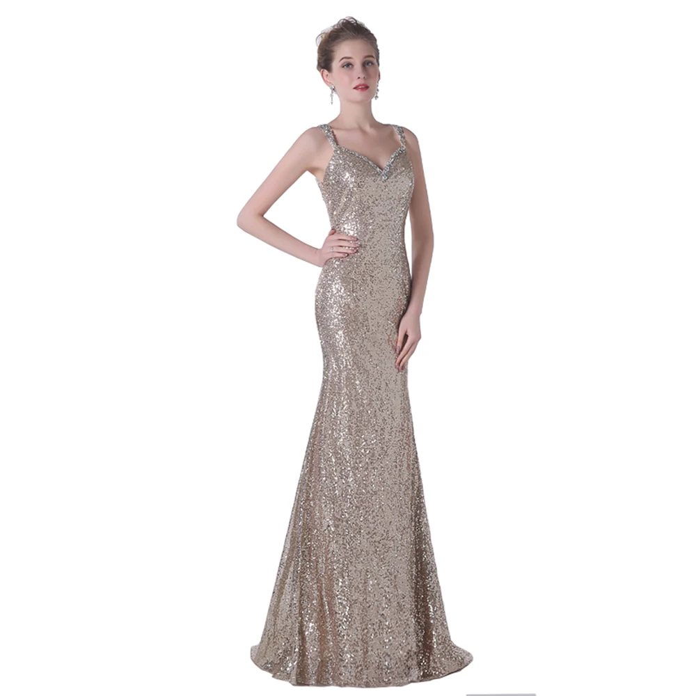 

Champagne Sequins Spaghetti Strap Long Evening Dresses for Women Party Beading back Shining Sequined Fabric 2021