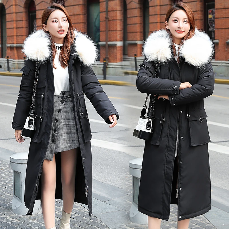 Зимняя женская куртка размера плюс 3XL с капюшоном и меховым воротником хлопковое стеганое Свободное длинное пальто женские повседневные толстые ватные куртки парки