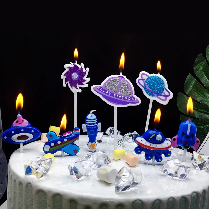 Bougie D Anniversaire Planete Trou Noir Ufo Trois Charge Vaisseau Spatial Dessin Anime Alien Boy Decoration De Gateau Aliexpress
