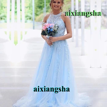 

Light Blue Tulle Halter Evening Dresses Appliques Prom Celebrity Robe De Soiree Special Occasion Wedding Bridesmaid Custom Made