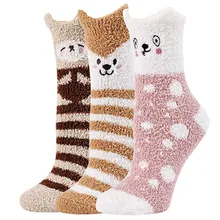 Женские пушистые полосатые счастливые носки, 3 пары теплых мягких тапочек, домашние носки для сна с милыми животными, Chaussette Femme Calcetines Mujer