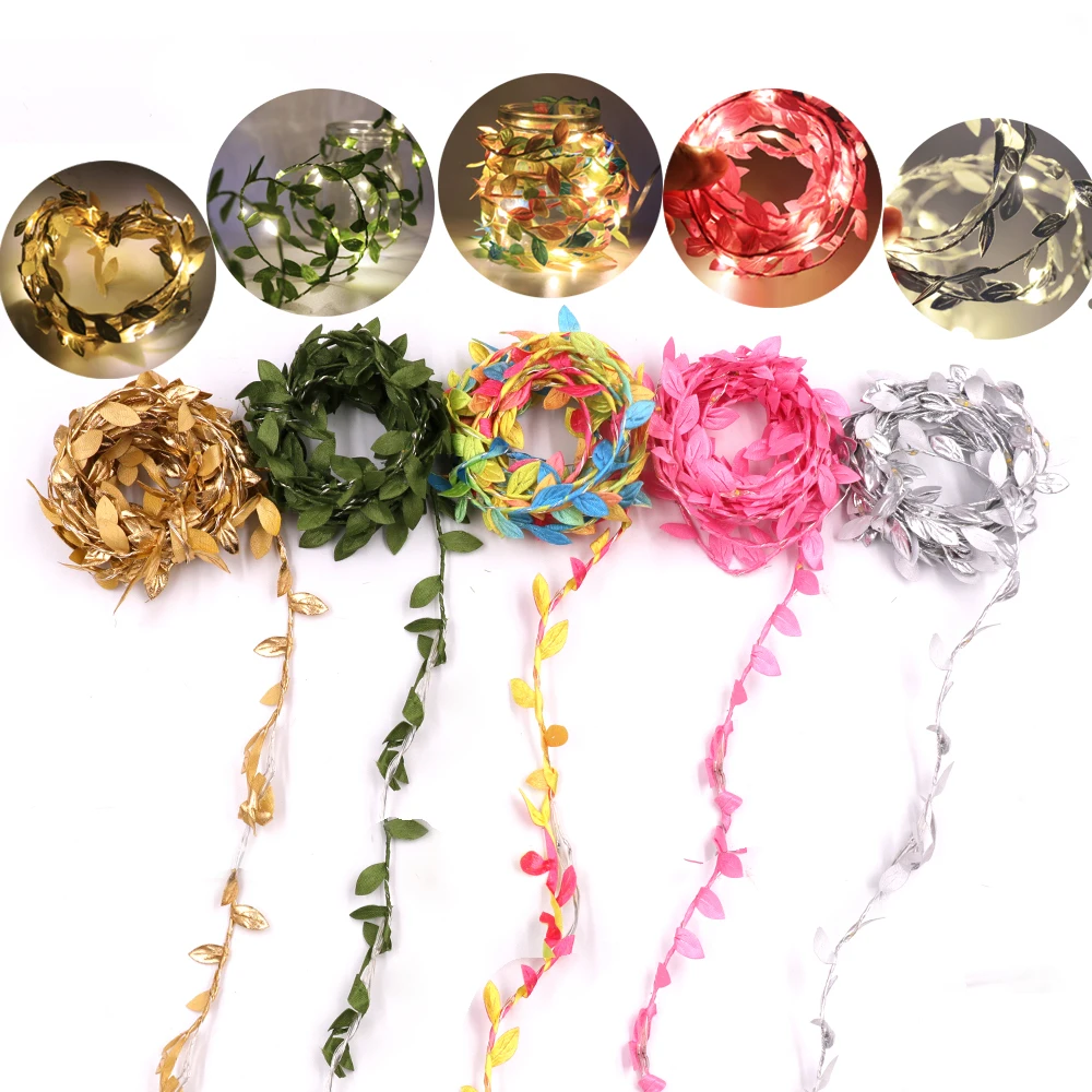 

Leaves Garland Fairy Light Holiday Lamp Battery Powered Copper Wire Green Leaf String Lights For Christmas Party Wedding Decor