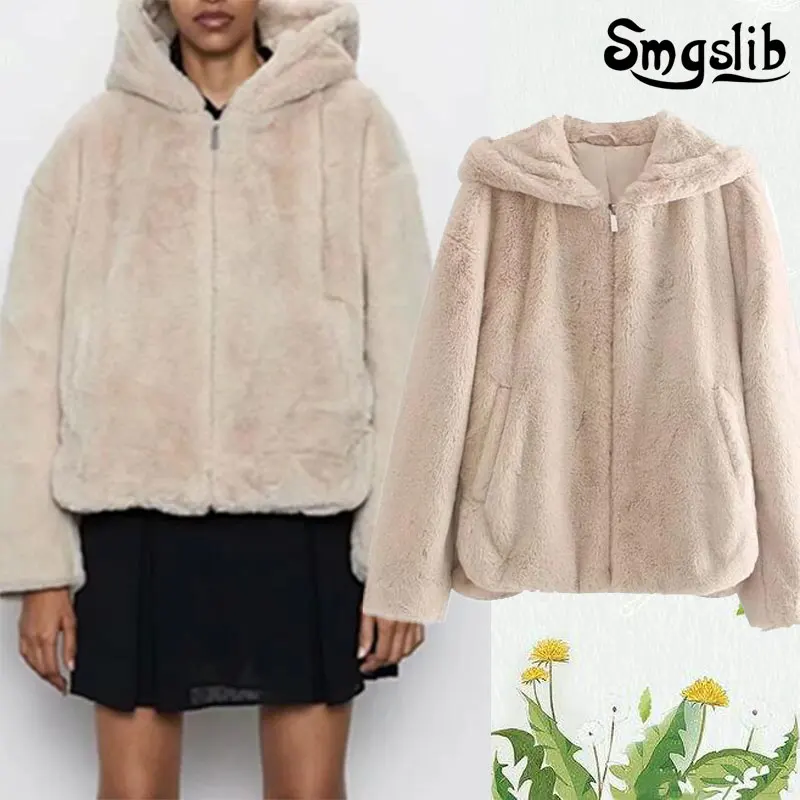 

winter jacket women england vintage solid faux fur warm thick hooded jacket women Recreational Fashion tops