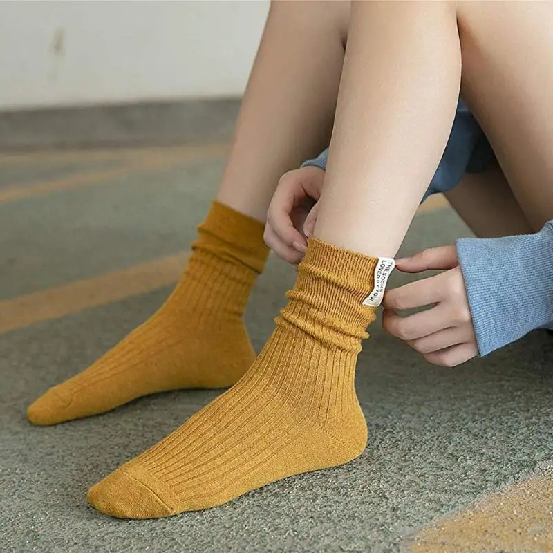 5 пар женских Хлопковых Носков, однотонные осенне-зимние носки до середины икры в консервативном стиле