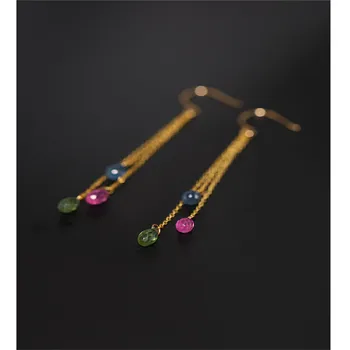 

DMBS075 Faceted Color Sapphire Yellow 18K Gold Tassel Earrings Female Genuine Long Earring Gift