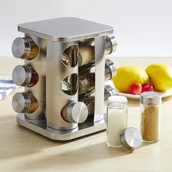 

Seasoning Box Spice Container Salt Pepper Sugar Stainless Steel Spice Rack Organizer with Glass Spice Jars J2Y