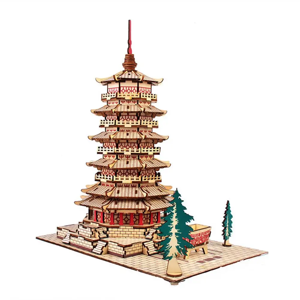 Новая бесплатная Прямая доставка деревянная 3D башня Будды строительство DIY сборка головоломка модель Развивающие детские игрушки подарок