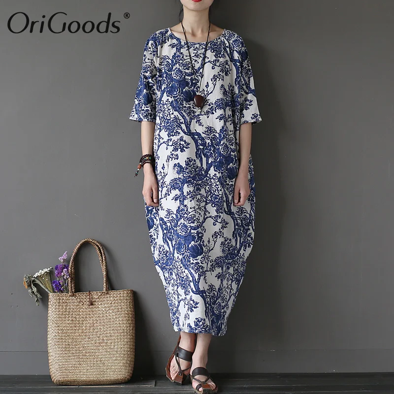 Женское платье из хлопка и льна с круглым вырезом свободного покроя|plus size women