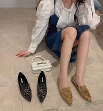 

Women's Flat Pointed Toe Closed Back Loafers Mules Slip-on Slippers Metal Designer Shoes Low Heel Casual Ladies Shoes Bling