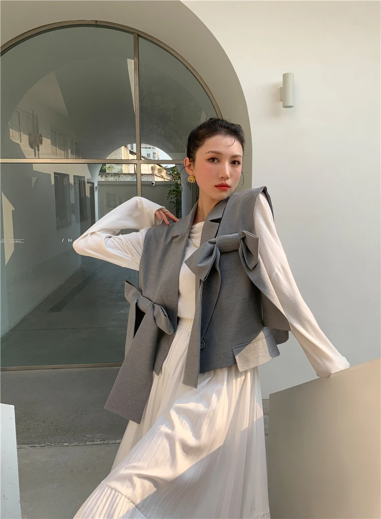 CHEERART Designer 2021 Fashion Women Gilet Grey Vest Bow Sleeveless Blazer Coat Loose Crop Jacket Single Button Waist Coat