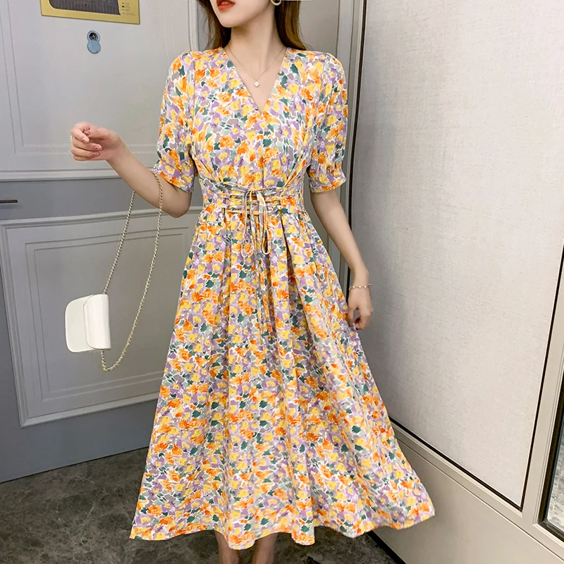 

2023 Casual Korean Beach Vacation Maxi Dress Summer Women Print Chiffon V-Neck Sexy Midi Dresses Elegant Bodycon Party Vestidos